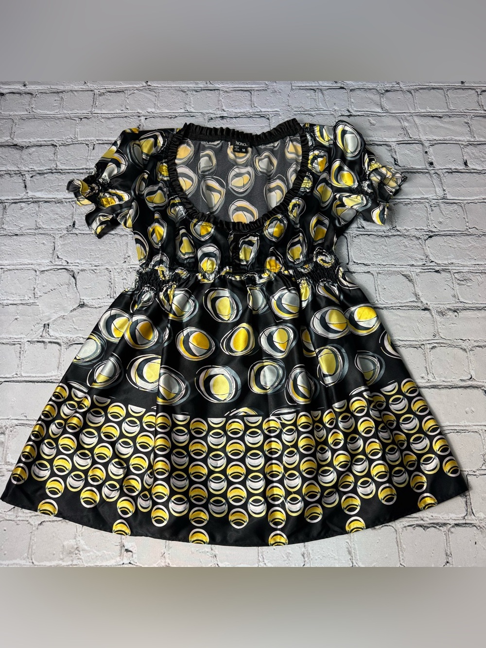 Vtg Y2K XOXO Black Yellow Gray Bubble Circle Print Satin Babydoll Blouse Size M